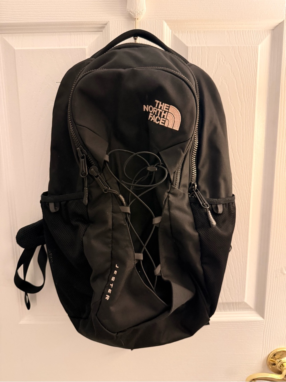 The North Face Black Jester Backpack with Front Bungee (rose gold lettering)